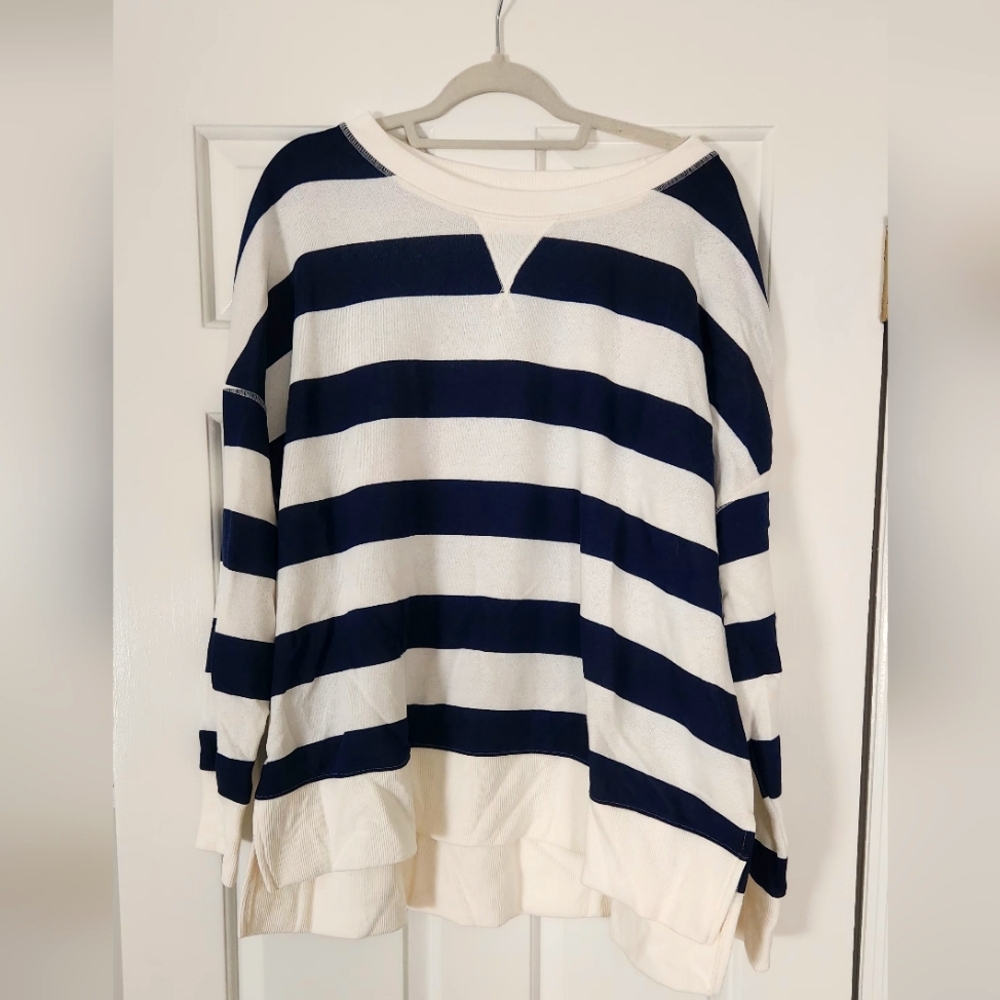 Navy and White Striped Crew Neck Sweatshirt